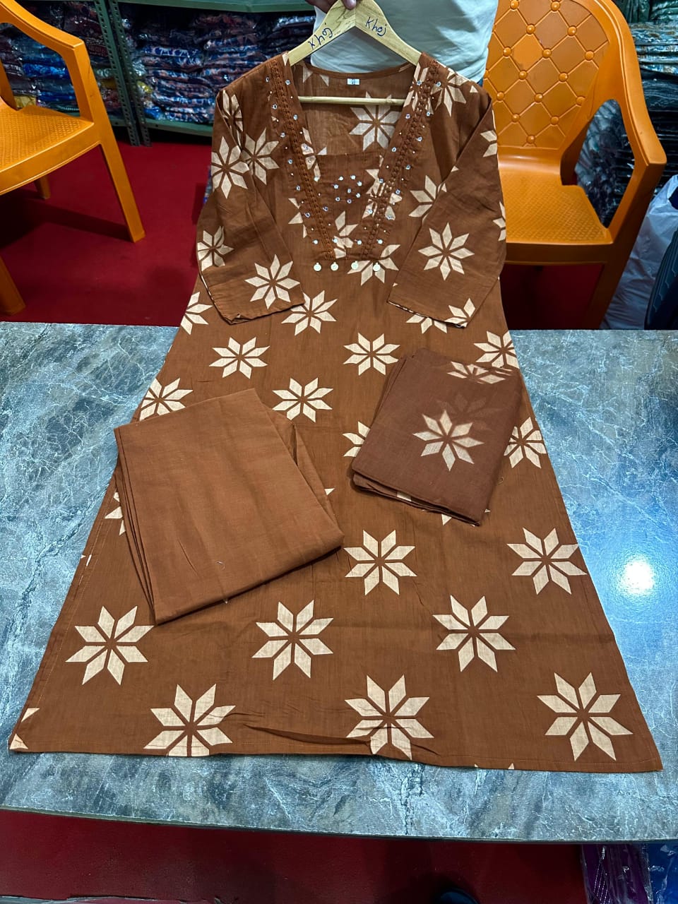 Noorangi Brown Embroidered Cotton Straight Kurta Pant Dupatta Set