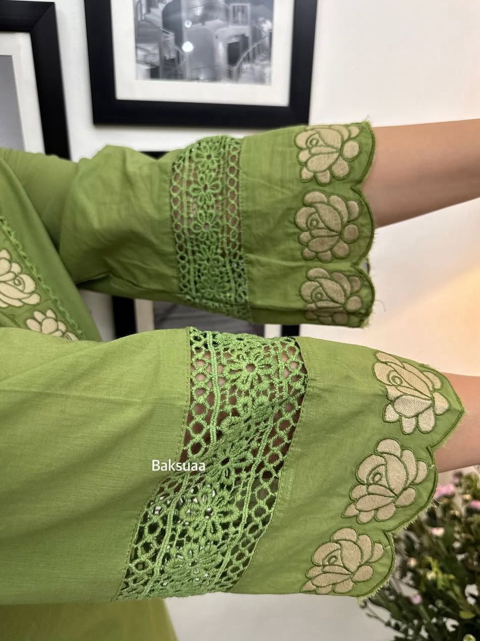 Rangreza Embroidered Cotton Straight Kurta Pant Dupatta Set