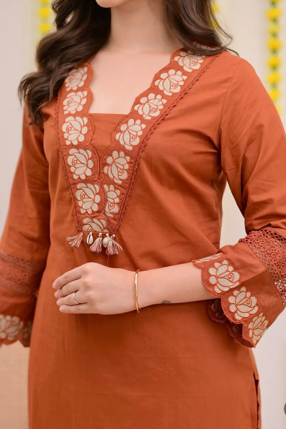 Rangreza Embroidered Cotton Straight Kurta Pant Dupatta Set