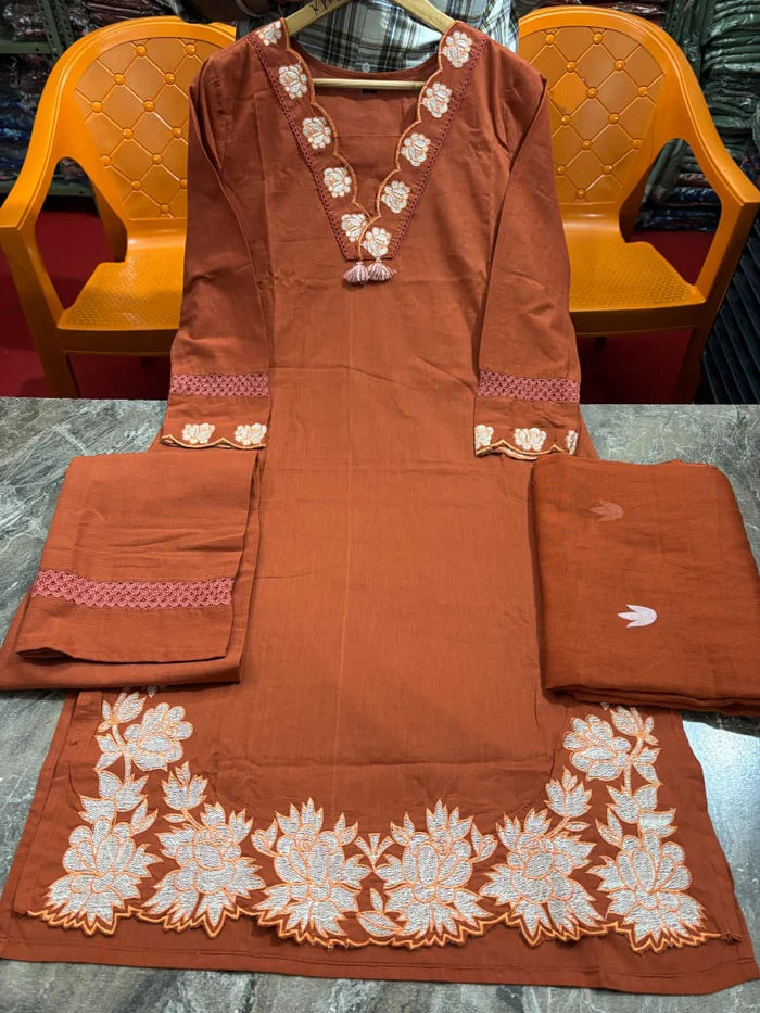 Rangreza Embroidered Cotton Straight Kurta Pant Dupatta Set