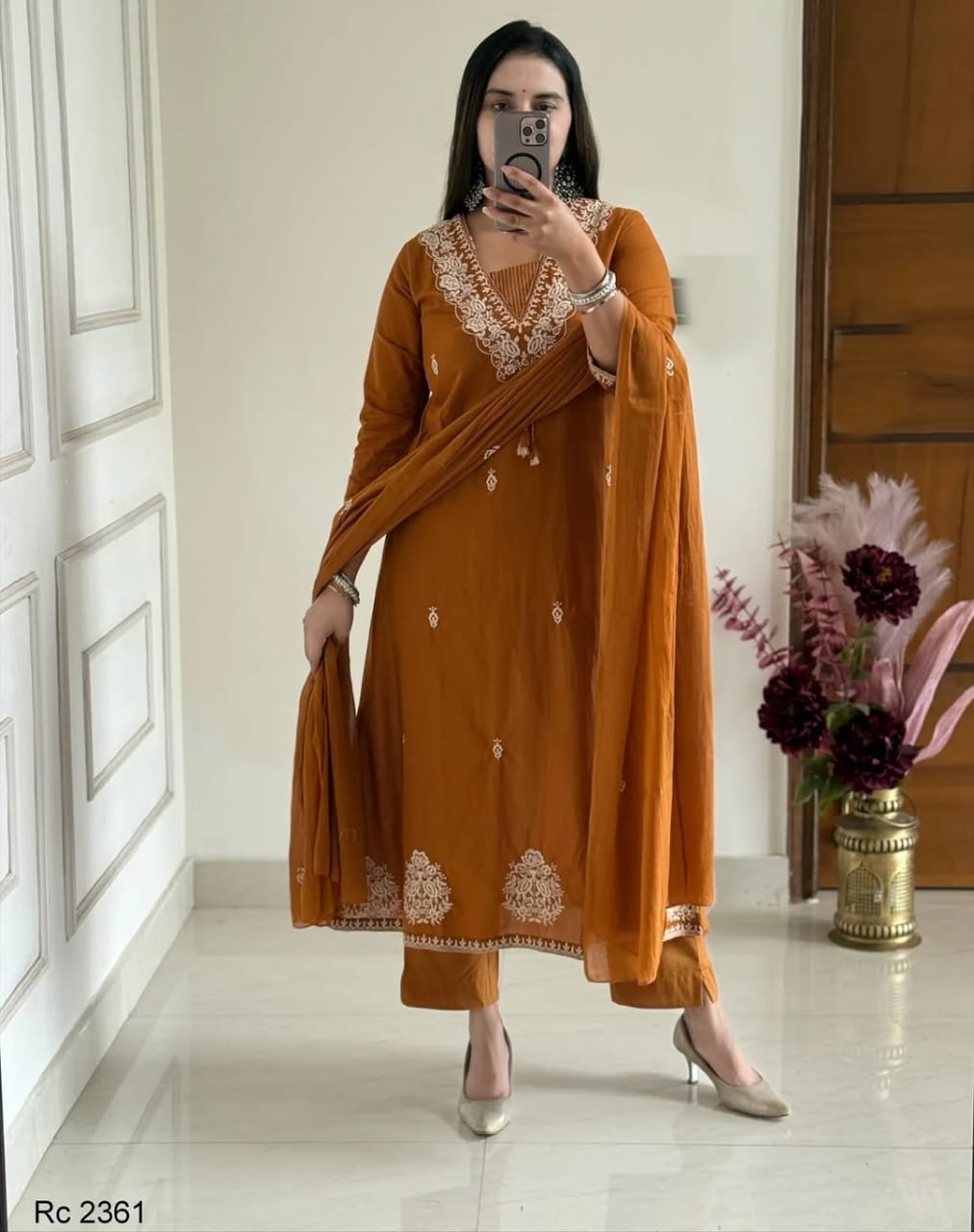 Surmayi Dark Orange Pure Cotton Embroidered Suit Set