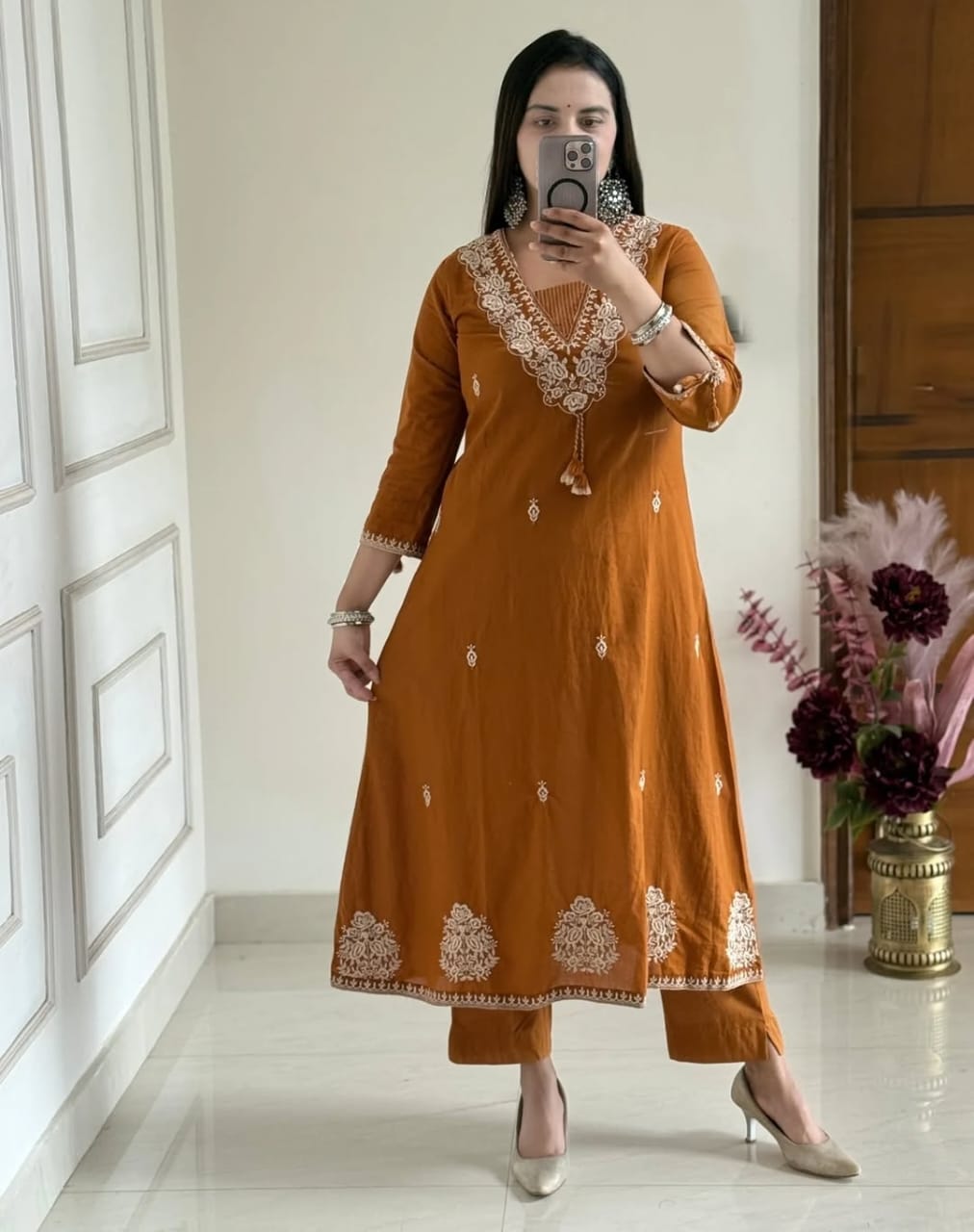 Surmayi Dark Orange Pure Cotton Embroidered Suit Set
