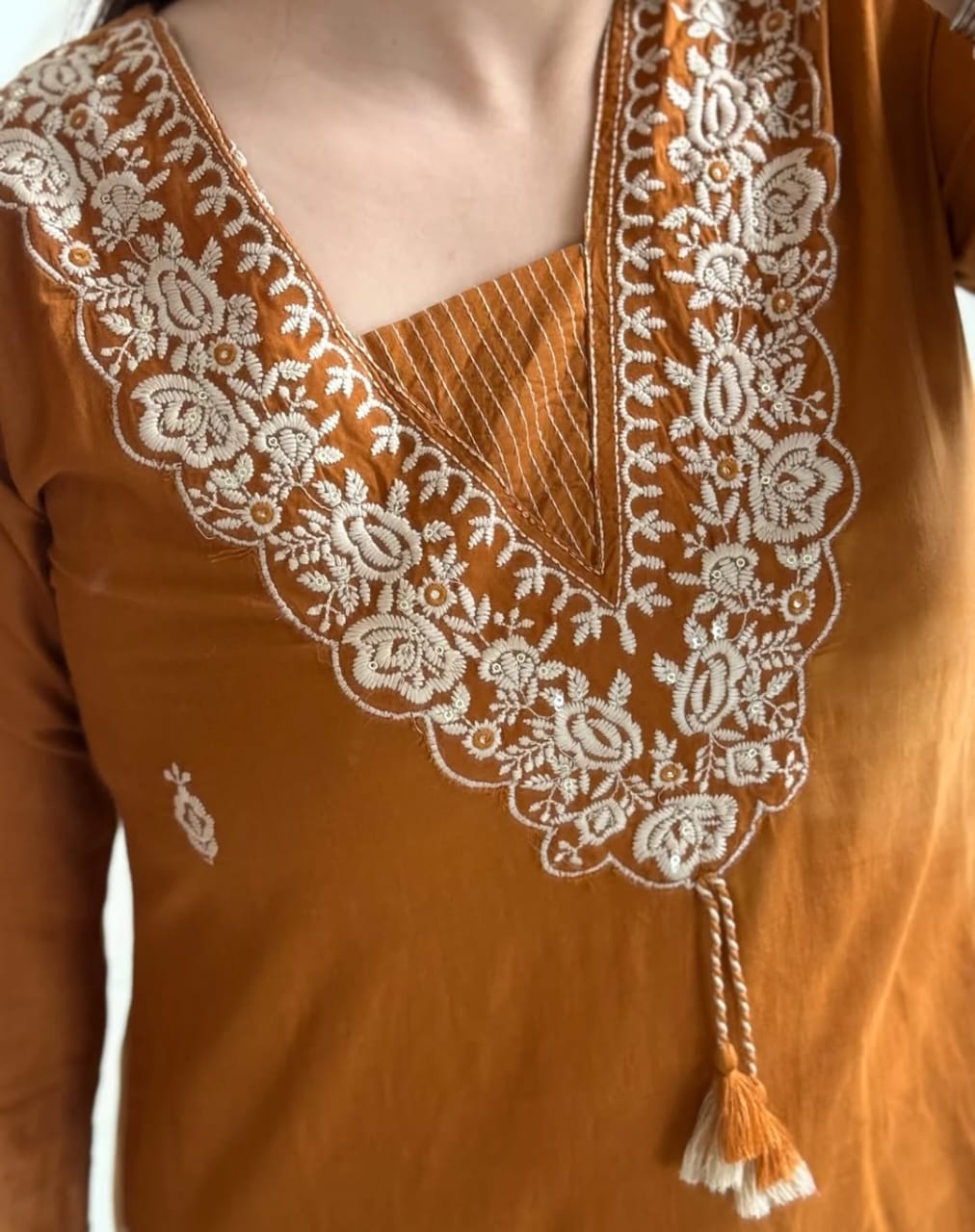 Surmayi Dark Orange Pure Cotton Embroidered Suit Set