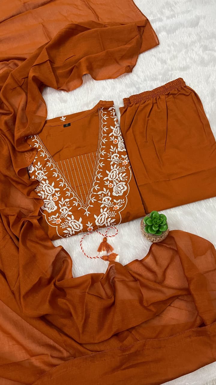 Surmayi Dark Orange Pure Cotton Embroidered Suit Set