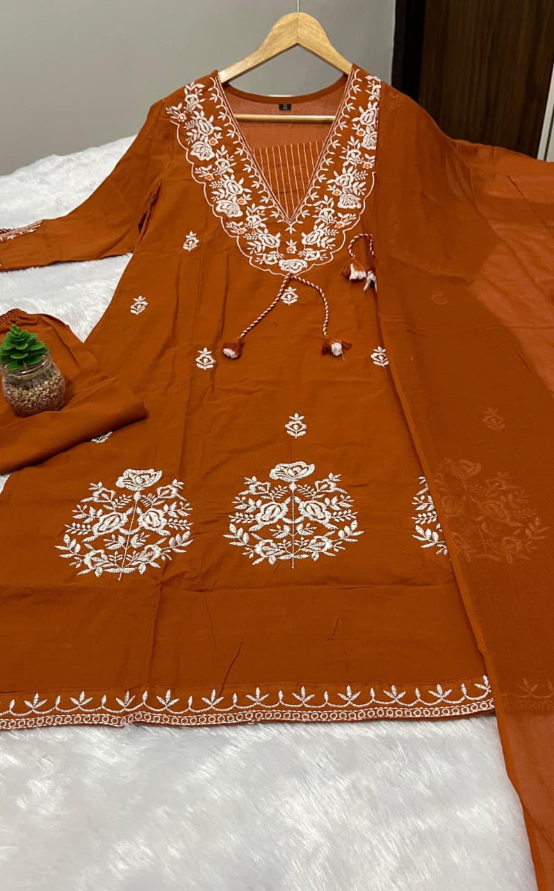 Surmayi Dark Orange Pure Cotton Embroidered Suit Set