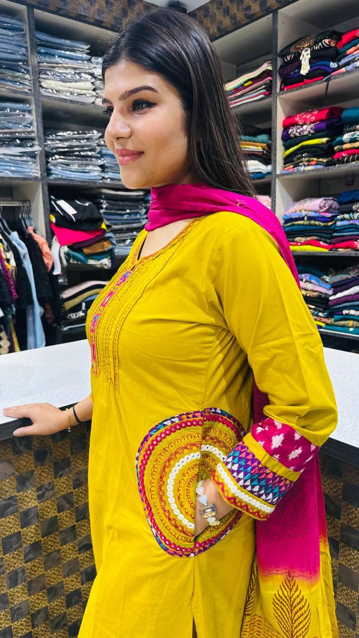 Gulnaar Yellow Pure Cotton Embroidered Suit Set