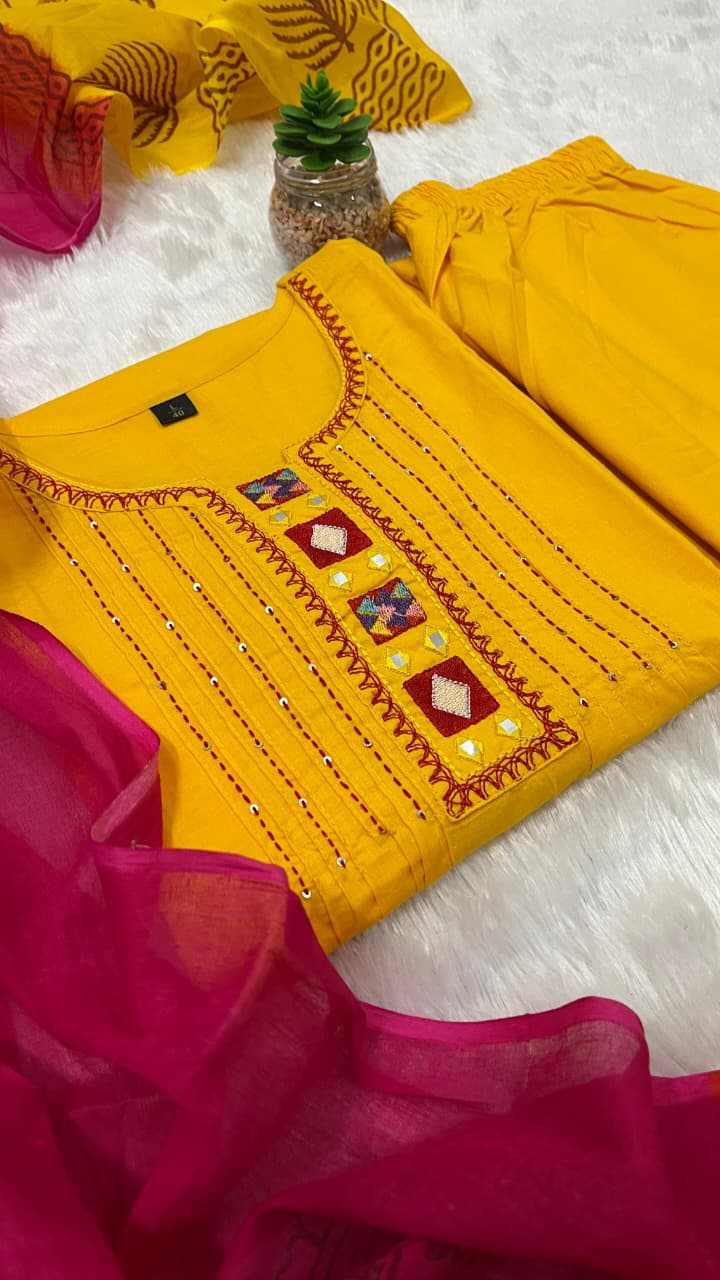 Gulnaar Yellow Pure Cotton Embroidered Suit Set