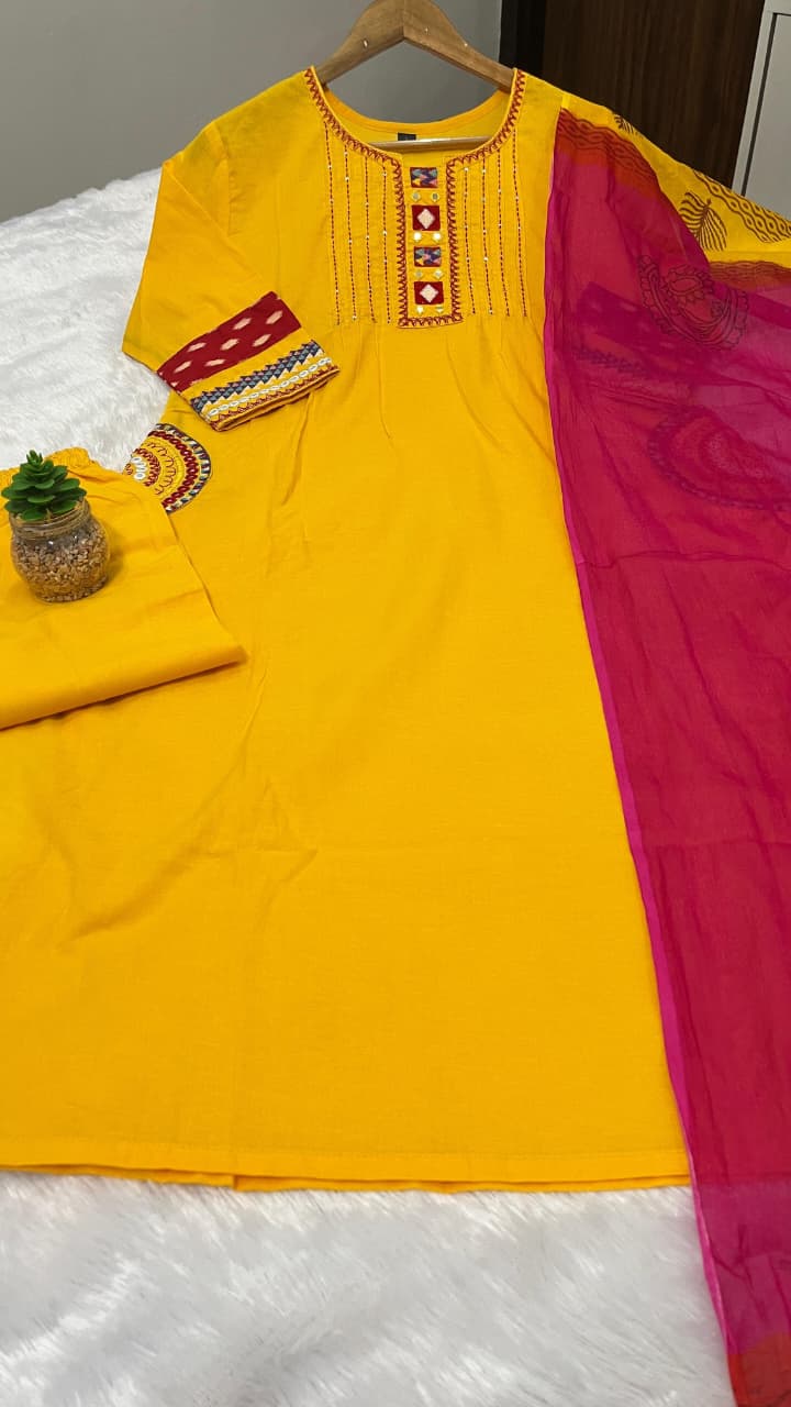 Gulnaar Yellow Pure Cotton Embroidered Suit Set
