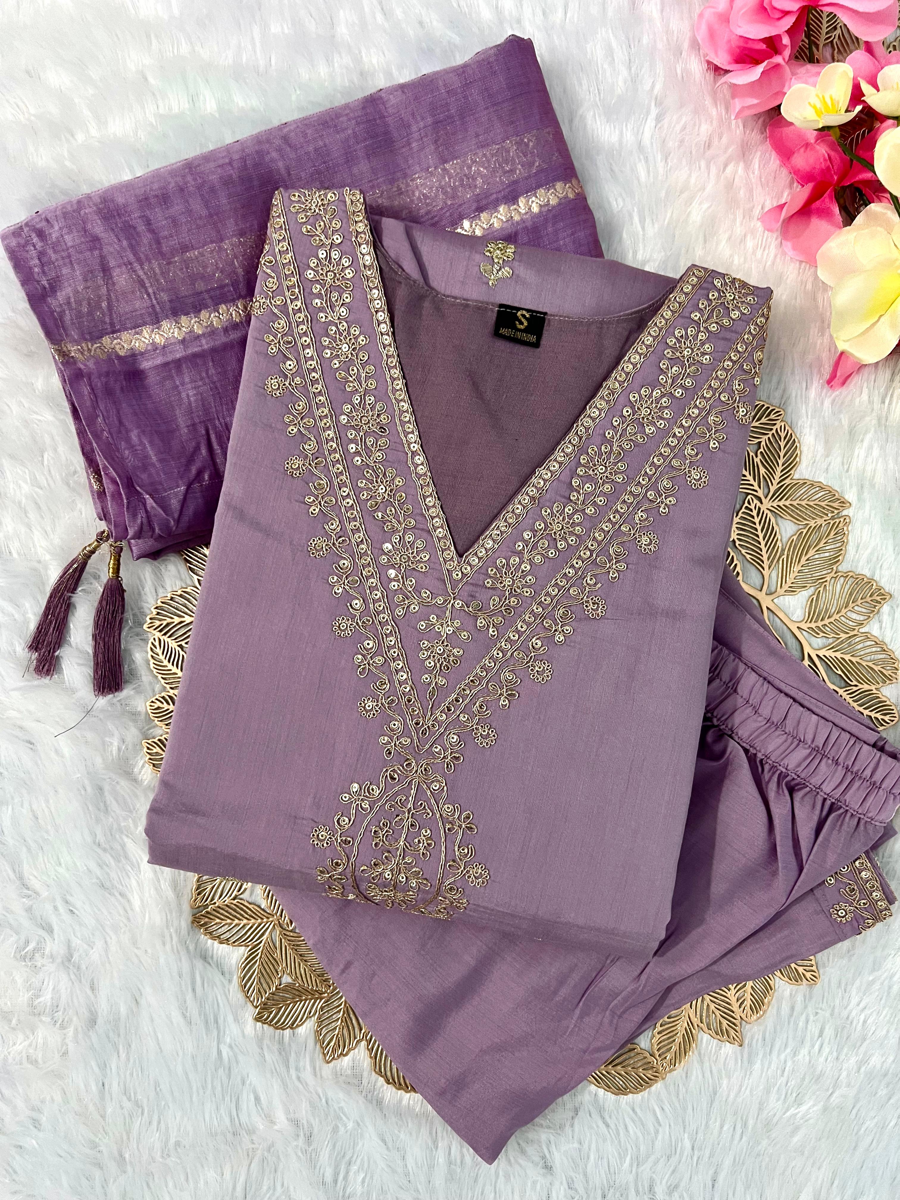 Lavender Bliss Roman Silk Designer Kurti Pant Dupatta Set