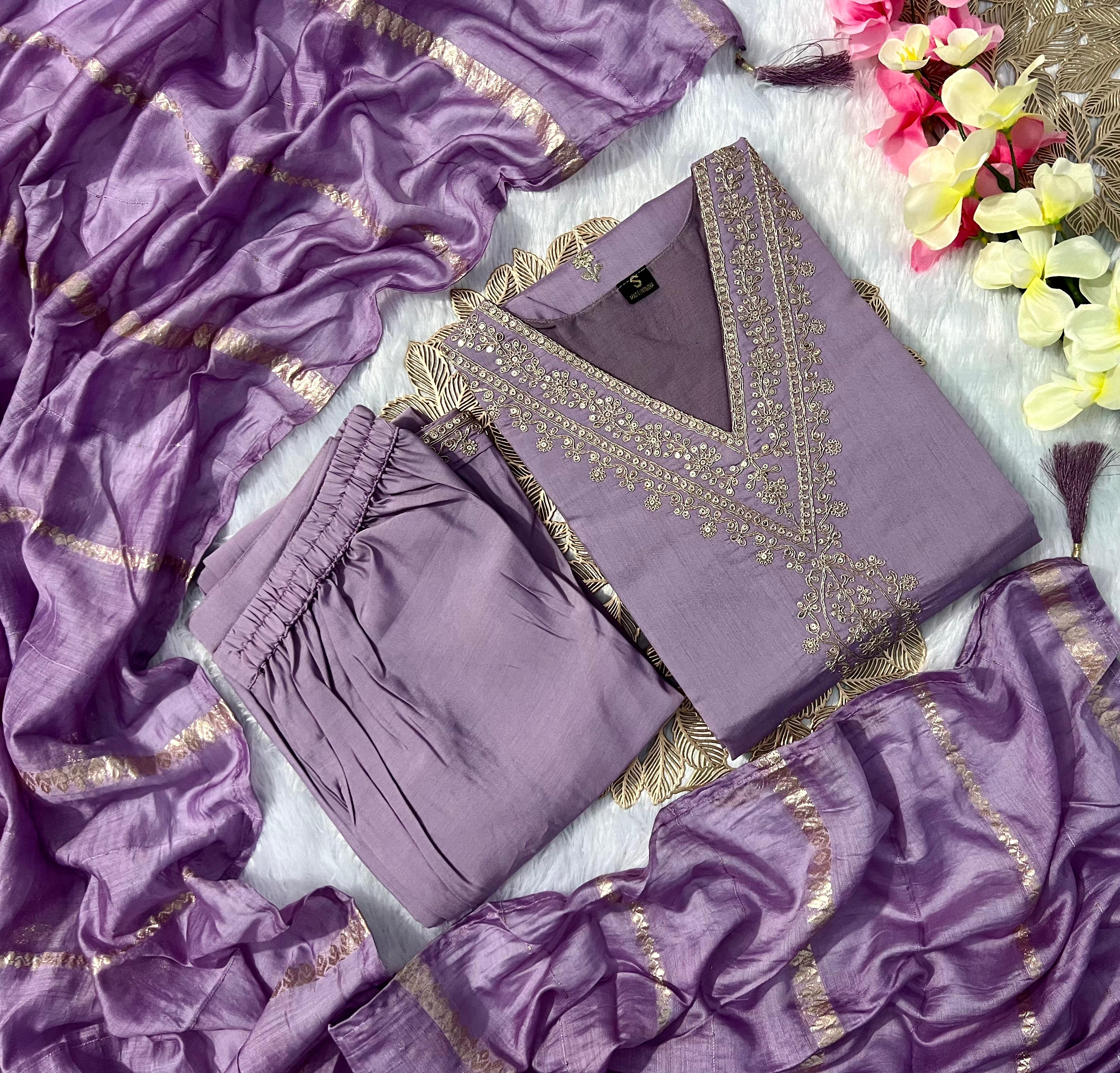 Lavender Bliss Roman Silk Designer Kurti Pant Dupatta Set