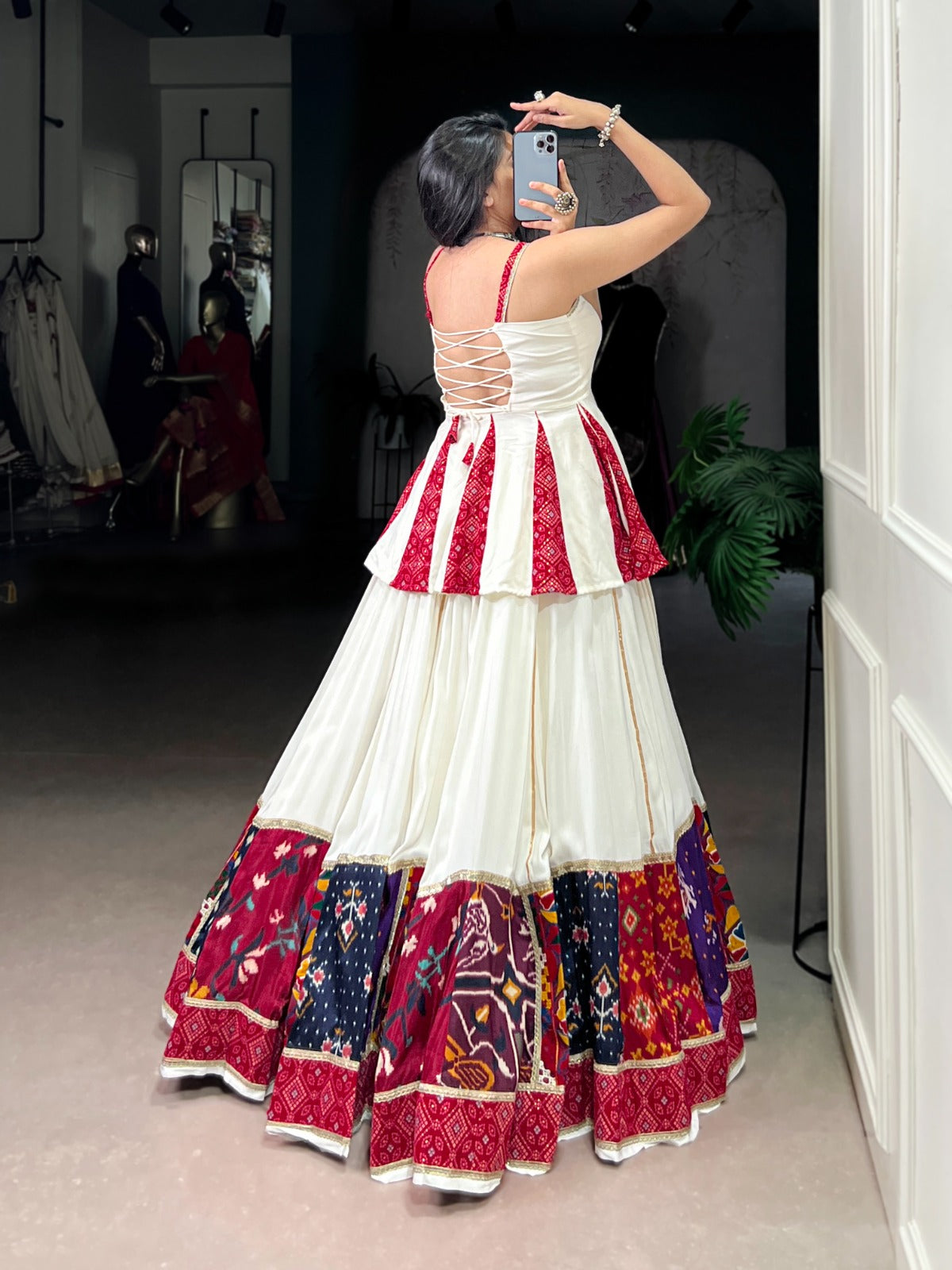 Navratri Glow White Rayon Bandhej Patchwork Lehenga Set