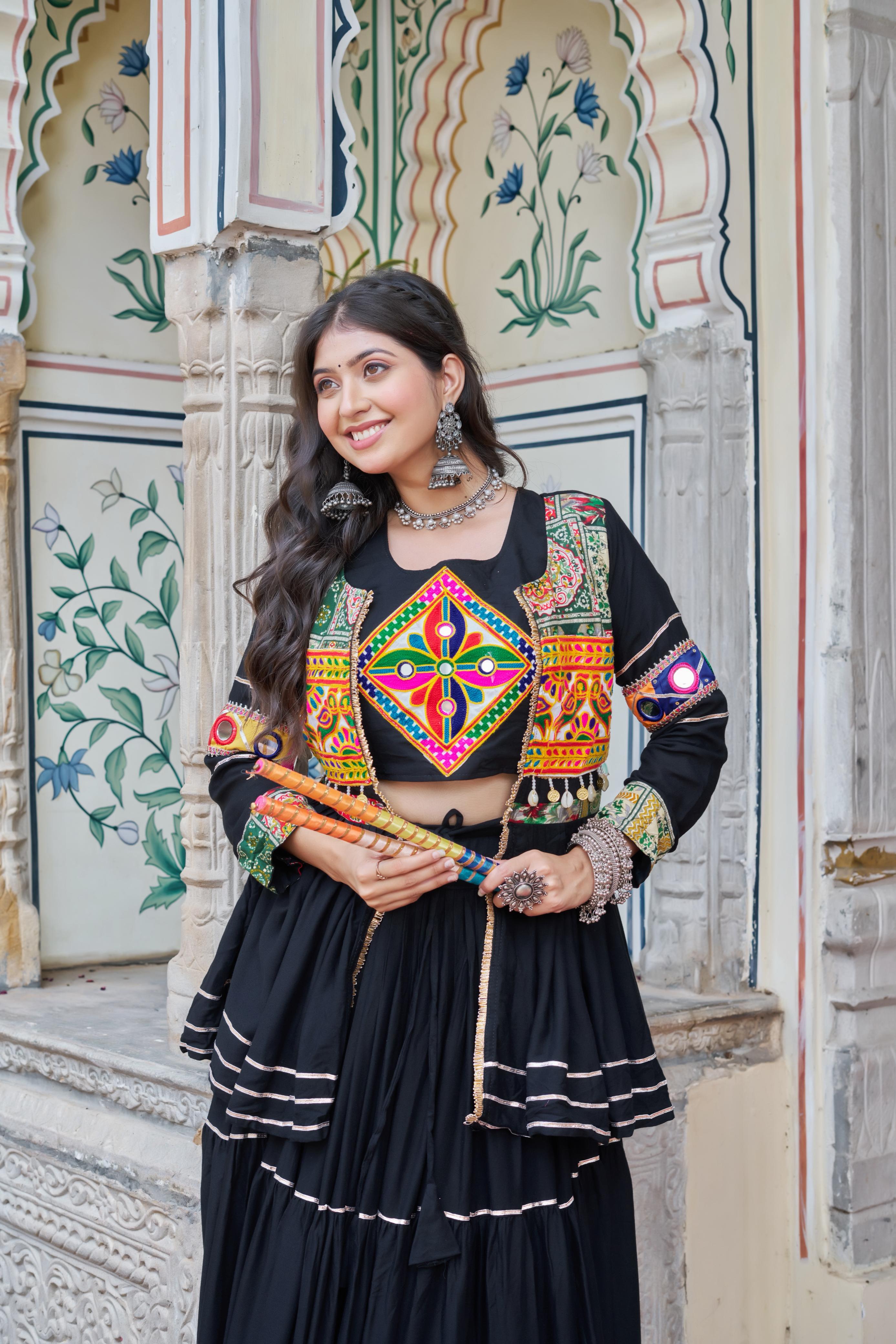 Black Gamthi Mirror Work Lehenga Choli with Koti