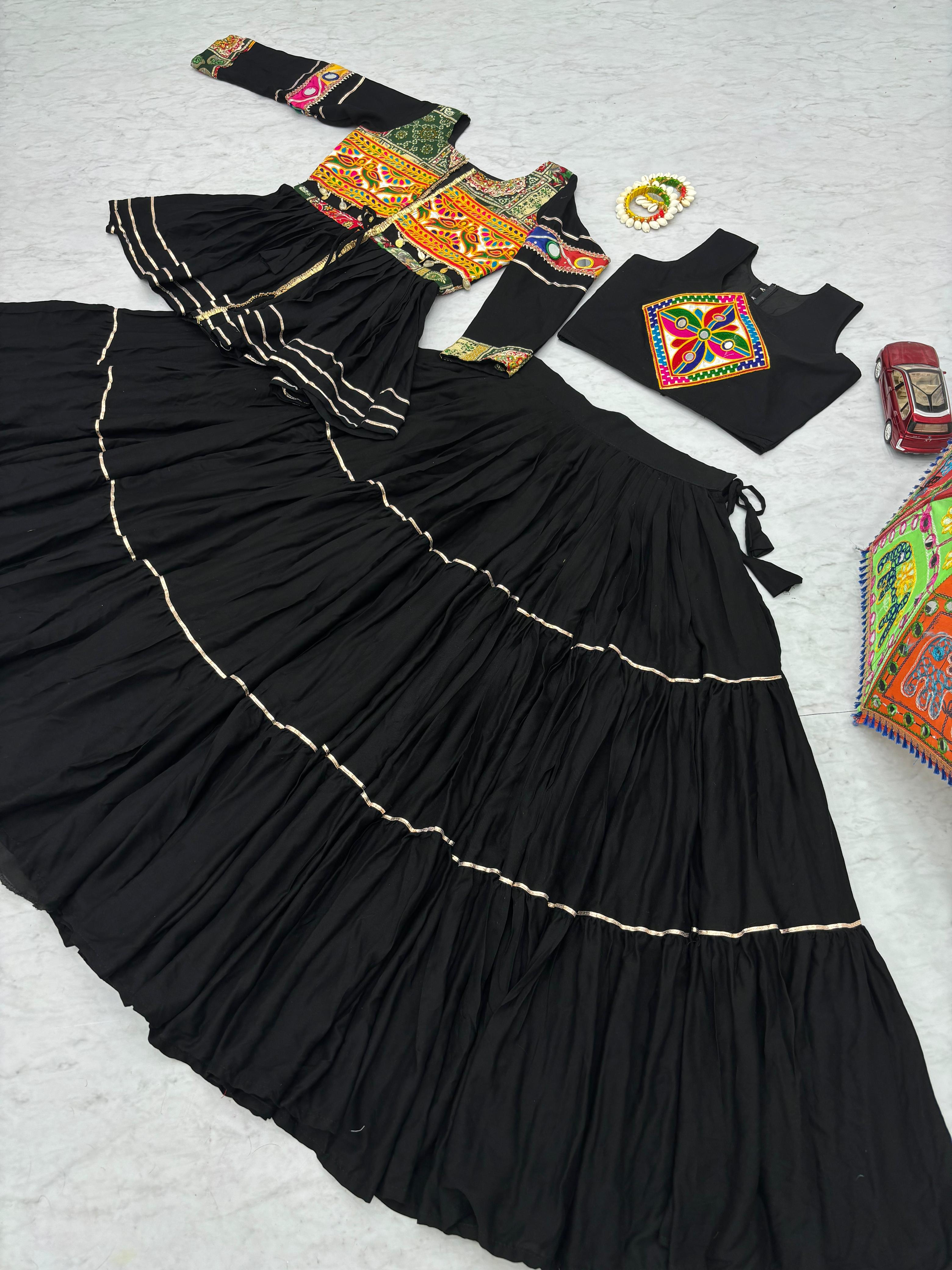 Black Gamthi Mirror Work Lehenga Choli with Koti
