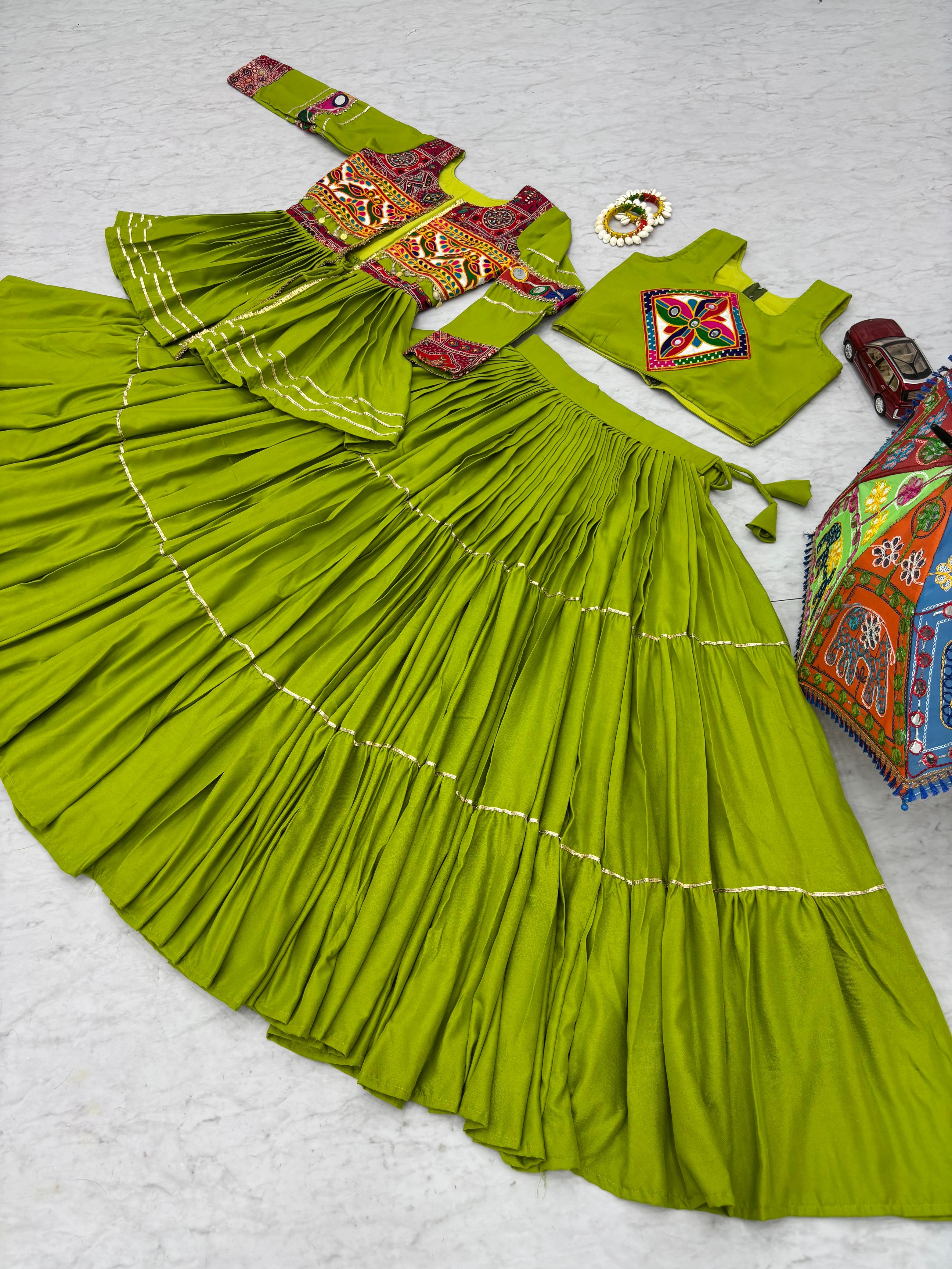 Mahendi Gamthi Mirror Work Lehenga Choli with Koti