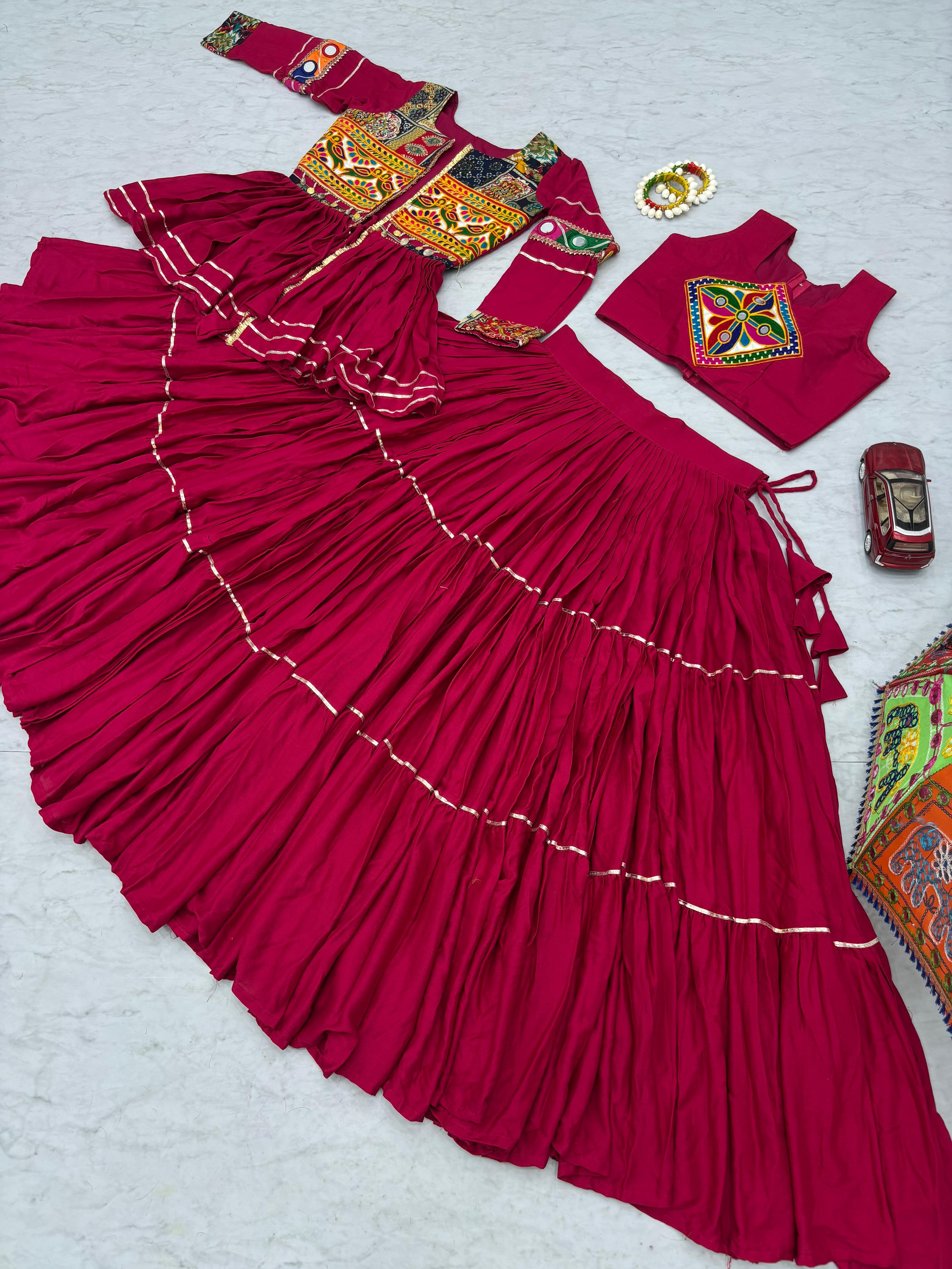 Pink Gamthi Mirror Work Lehenga Choli with Koti