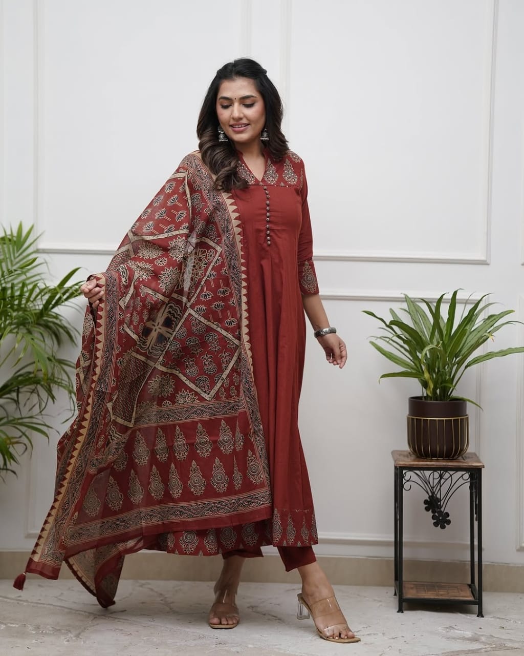 Brown Katha Work Anarkali Kurta Set