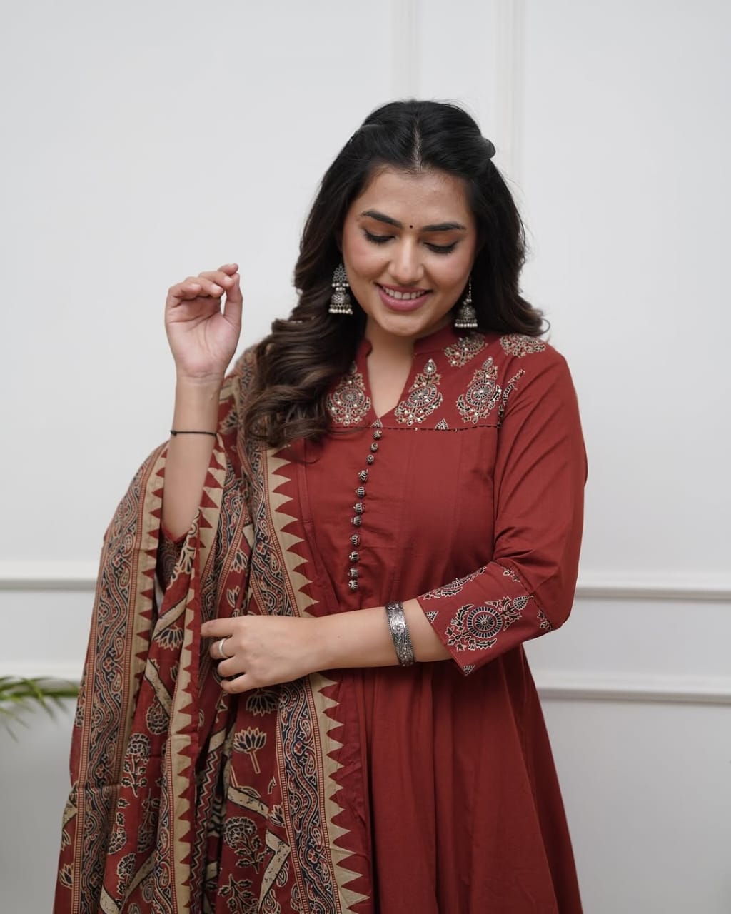 Brown Katha Work Anarkali Kurta Set