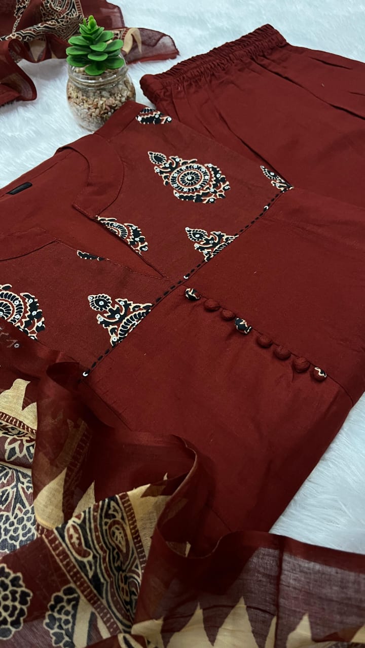 Brown Katha Work Anarkali Kurta Set