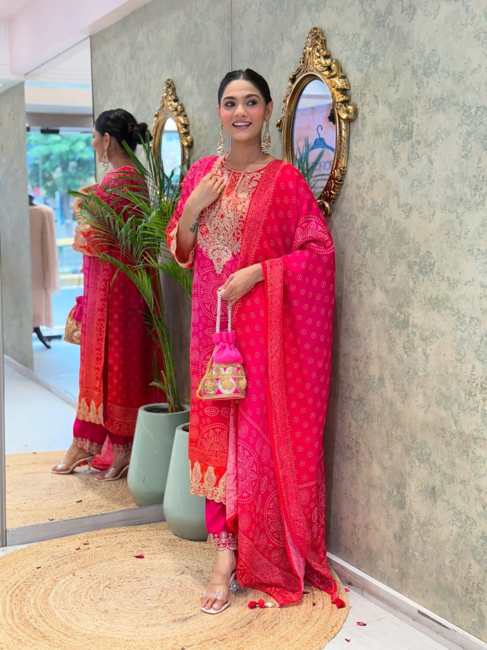 Meher Pink Mirror & Embroidery Straight Kurta Set