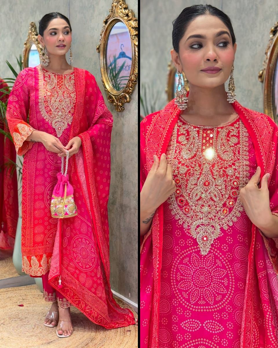 Meher Pink Mirror & Embroidery Straight Kurta Set