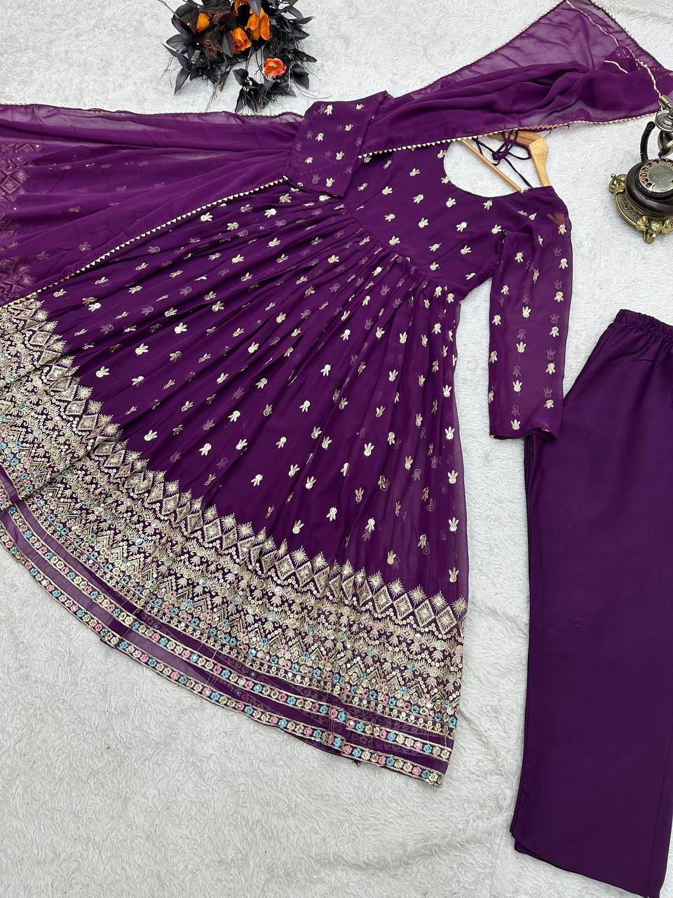Royal Embroidered Micro Pant & Georgette Dupatta Gown Set