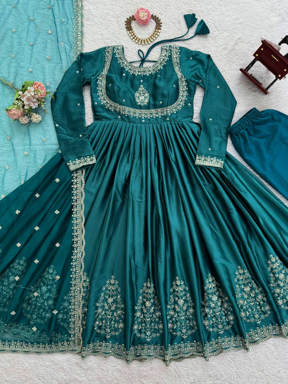 Dark Morpanki Thread & Sequin Anarkali Set with Butterfly Net Dupatta