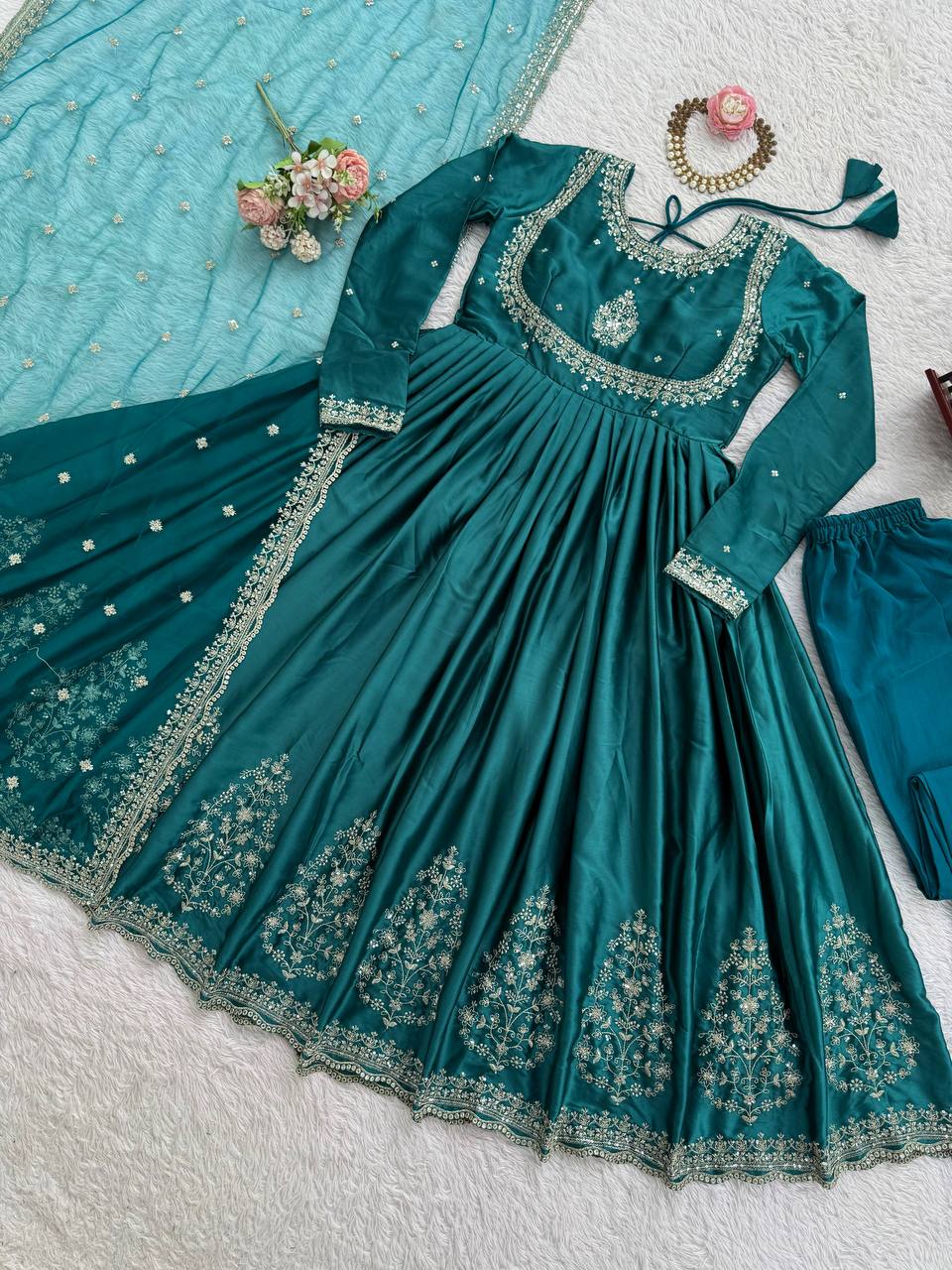 Dark Morpanki Thread & Sequin Anarkali Set with Butterfly Net Dupatta