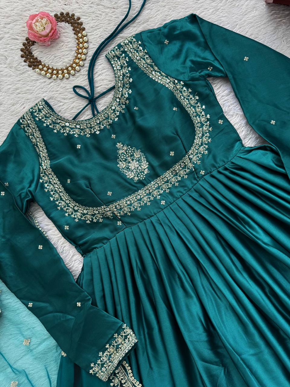 Dark Morpanki Thread & Sequin Anarkali Set with Butterfly Net Dupatta