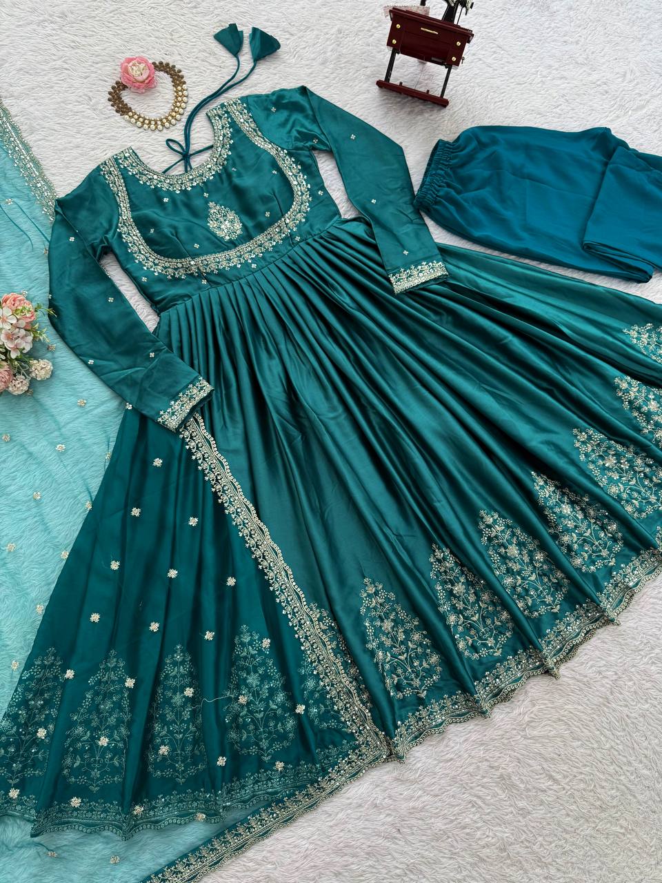 Dark Morpanki Thread & Sequin Anarkali Set with Butterfly Net Dupatta
