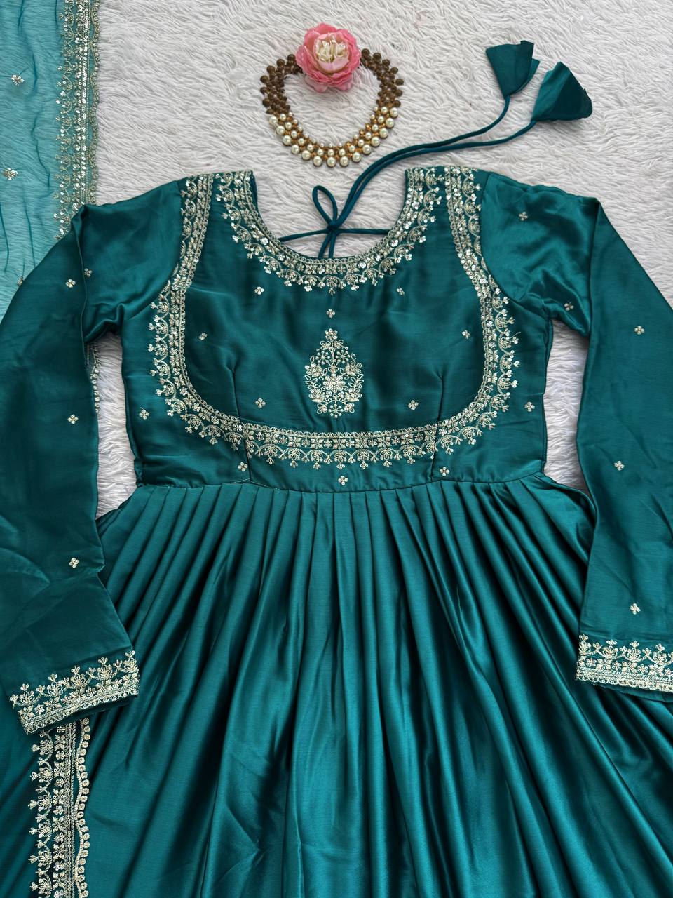 Dark Morpanki Thread & Sequin Anarkali Set with Butterfly Net Dupatta