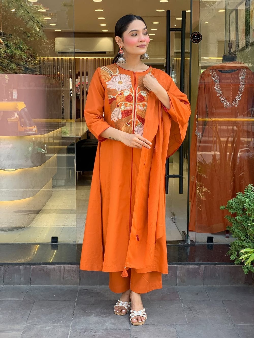 Dreamy Flare Embroidered Anarkali Set With Premium Cotton Pant & Malmal Dupatta