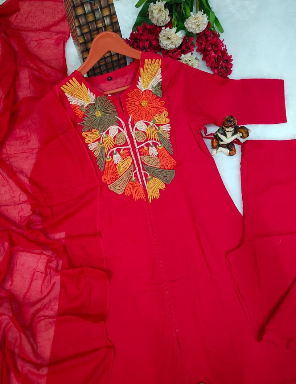 Dreamy Flare Embroidered Anarkali Set With Premium Cotton Pant & Malmal Dupatta
