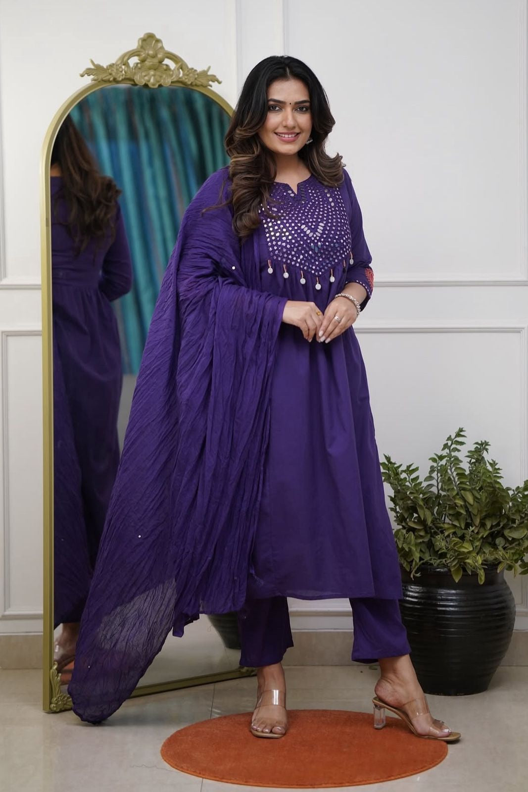 Lavender Gleam Mirror Work Kurti Pant Dupatta Set