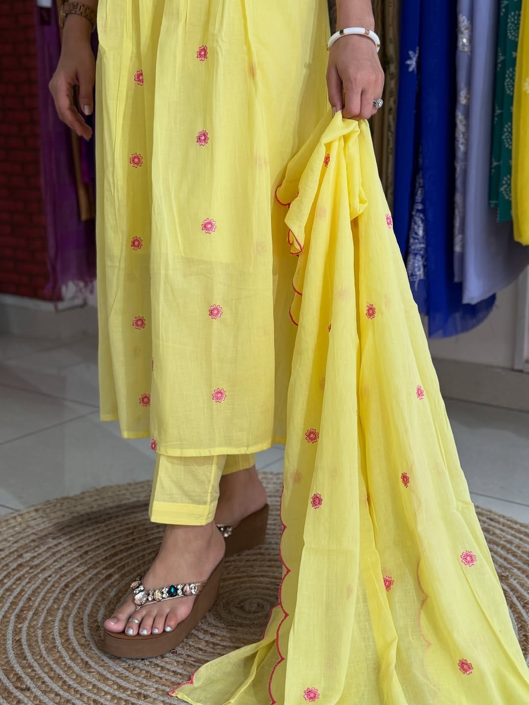 Nooré Sitara Cotton Embroidered Suit Set with Chinnon Crush Dupatta