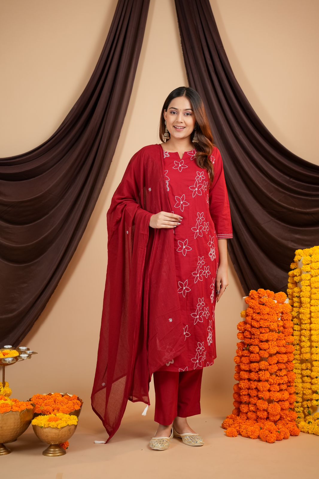 Taj Gulnaaz Red Embroidered Flex Cotton Khadi Suit Set