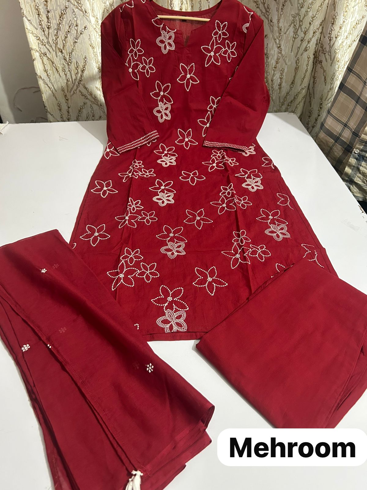 Taj Gulnaaz Red Embroidered Flex Cotton Khadi Suit Set