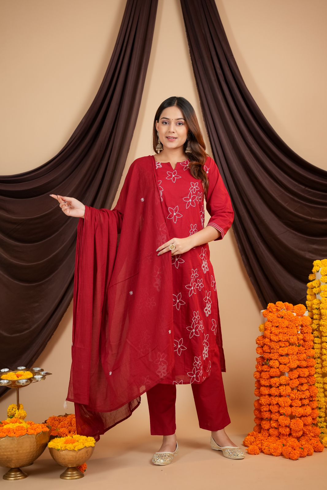 Taj Gulnaaz Red Embroidered Flex Cotton Khadi Suit Set