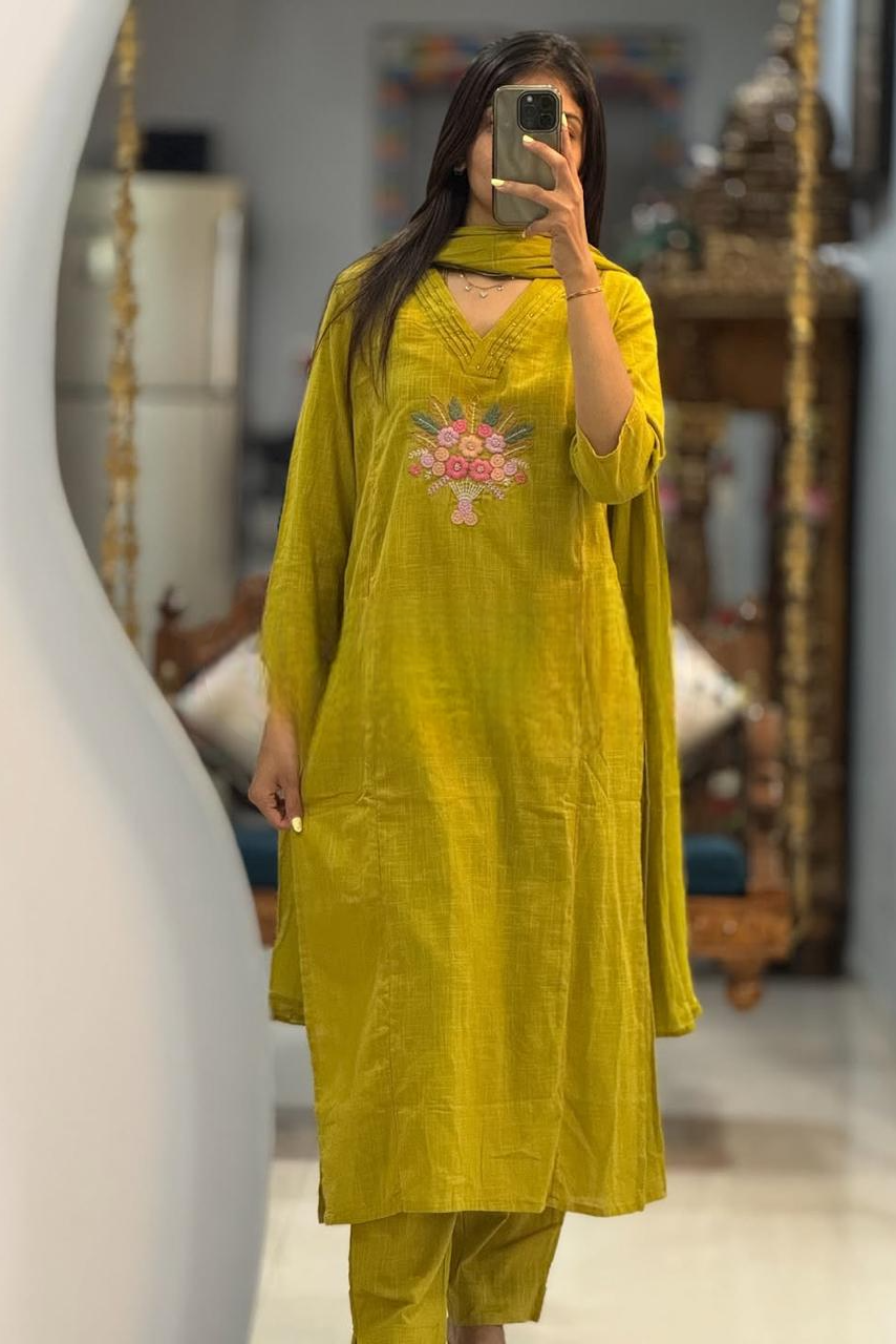 Kantha Noor Mehendi Cotton Khadi Handwork Suit Set