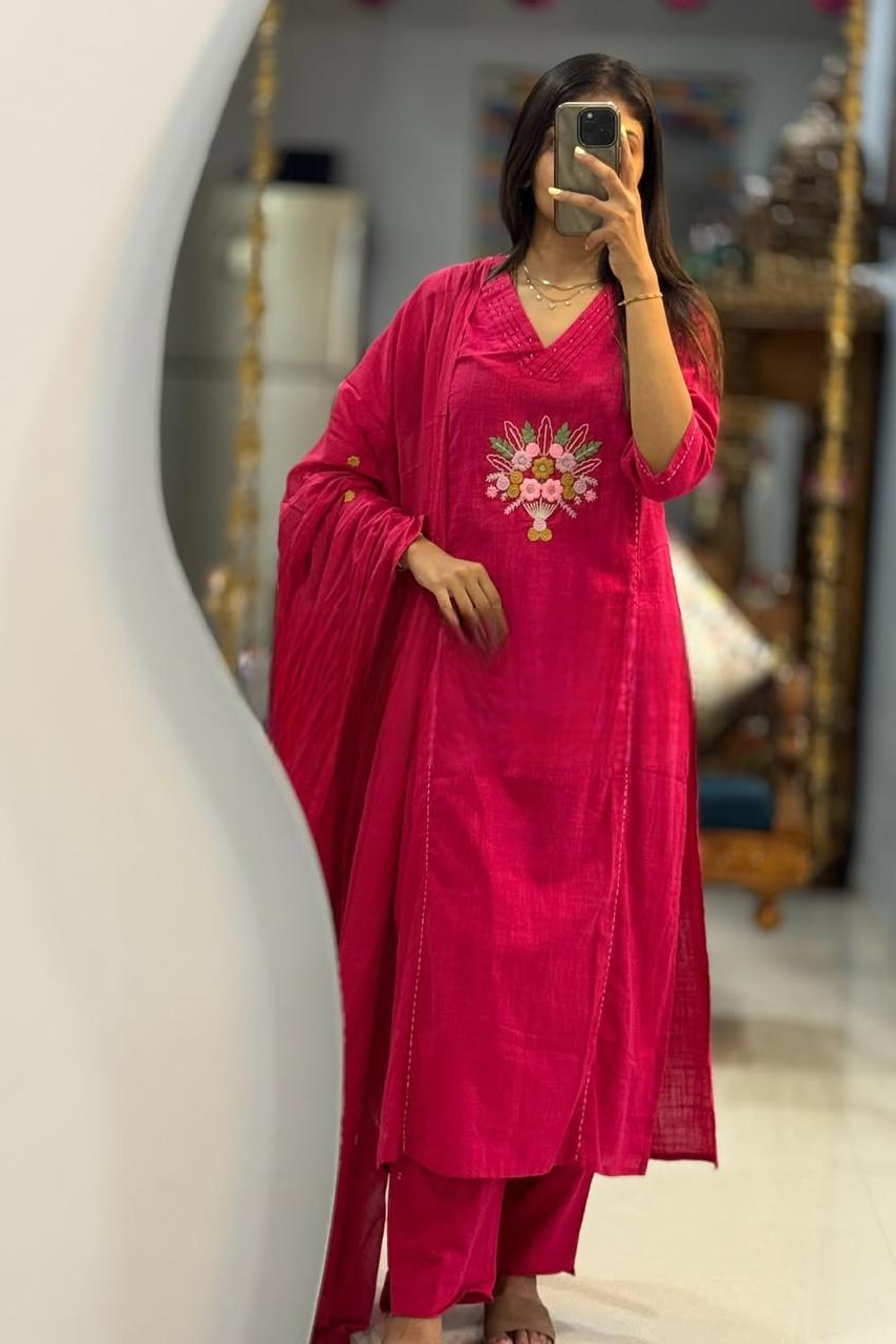 Kantha Noor Pink Cotton Khadi Handwork Suit Set