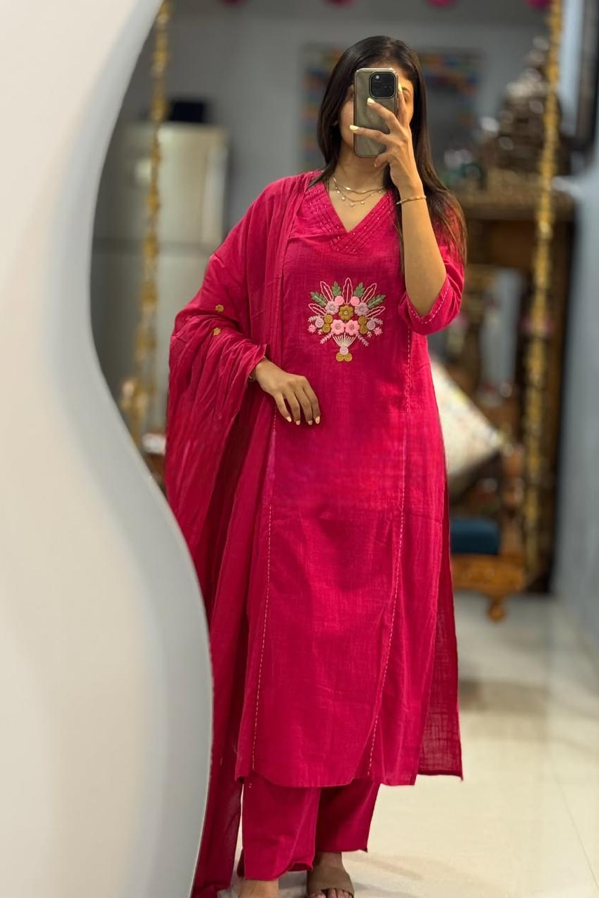 Kantha Noor Pink Cotton Khadi Handwork Suit Set