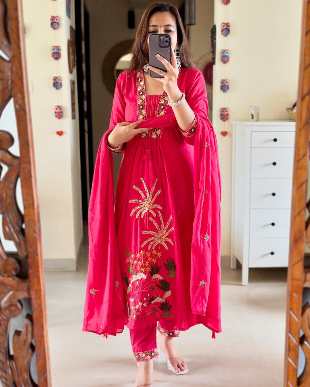Ruhani Pink Heavy Cotton Embroidered Suit Set