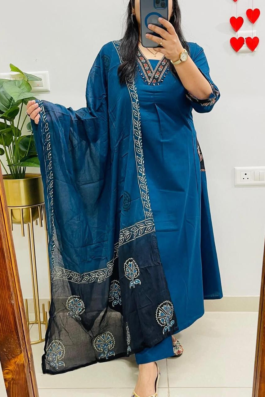 Neelaya Blue Printed Cotton Suit Set with Mulmul Dupatta