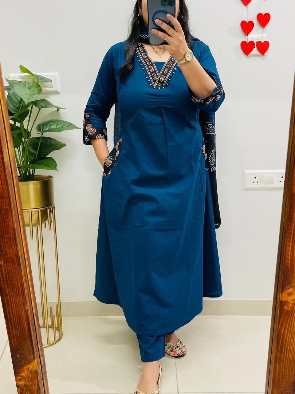 Neelaya Blue Printed Cotton Suit Set with Mulmul Dupatta