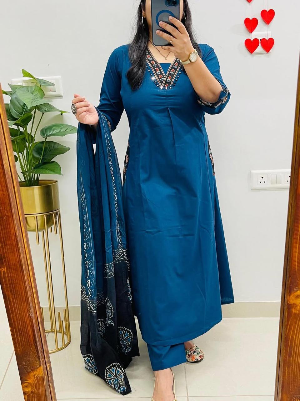Neelaya Blue Printed Cotton Suit Set with Mulmul Dupatta