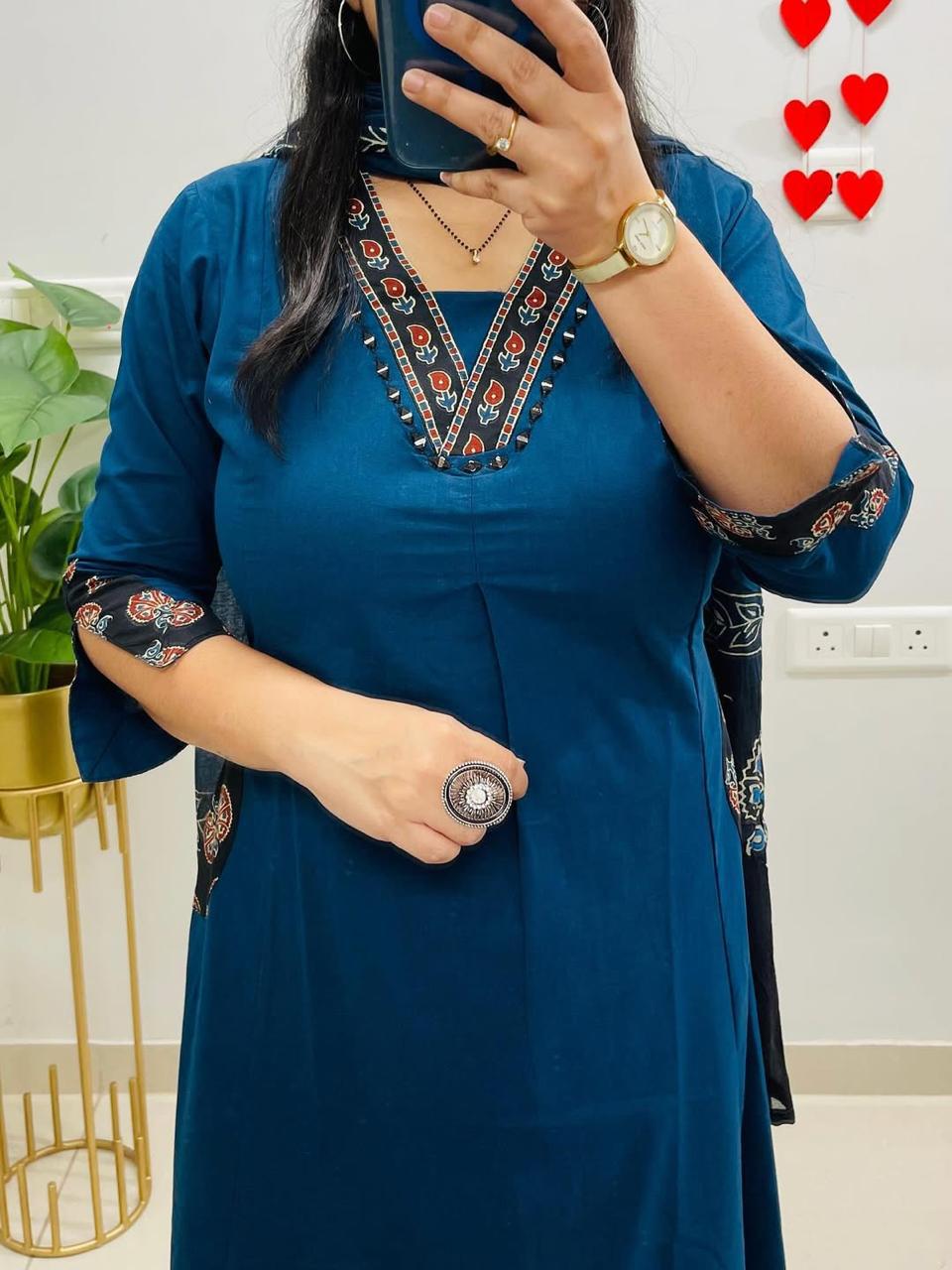 Neelaya Blue Printed Cotton Suit Set with Mulmul Dupatta