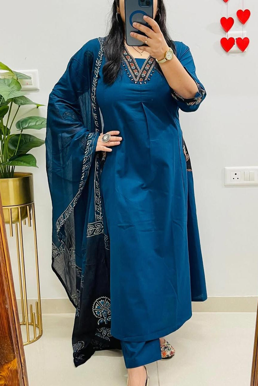Neelaya Blue Printed Cotton Suit Set with Mulmul Dupatta