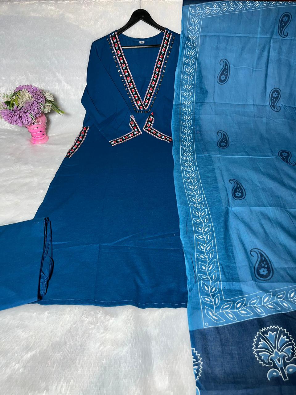 Neelaya Blue Printed Cotton Suit Set with Mulmul Dupatta
