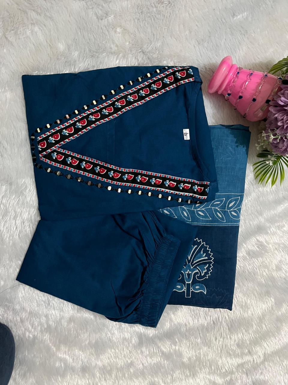 Neelaya Blue Printed Cotton Suit Set with Mulmul Dupatta