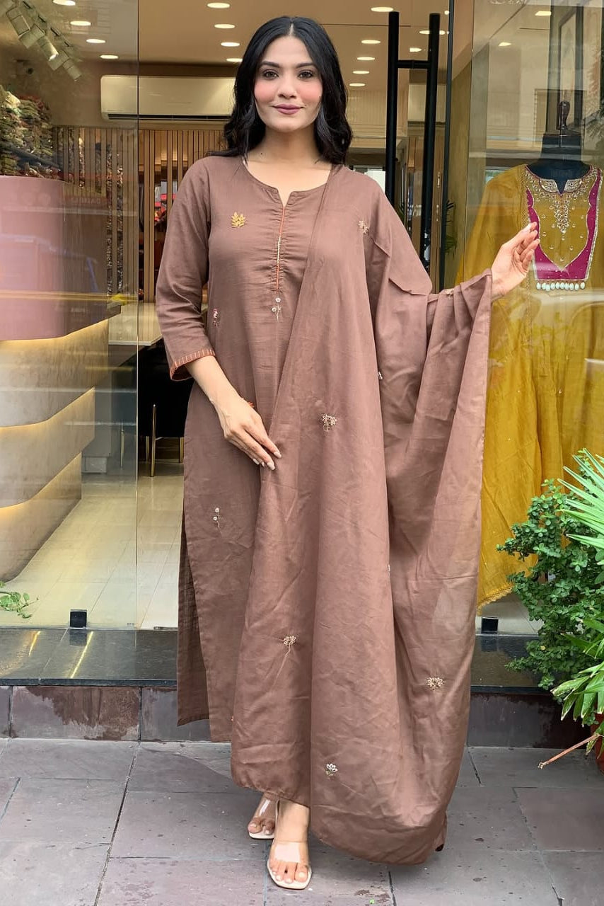 Beautiful Light Brown Mist Embroidered Suit Set