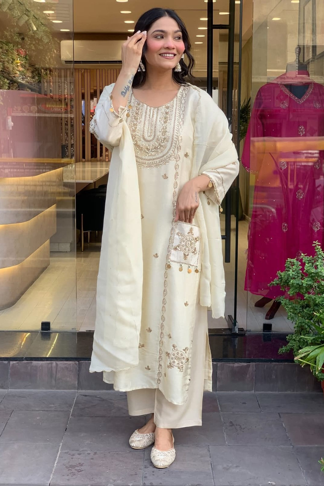 Satari White Vichitra Art Silk Suit Set